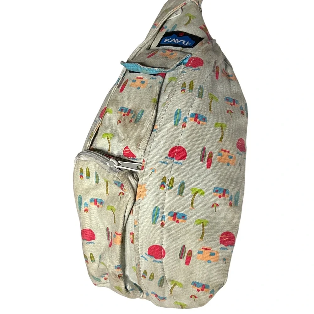 KAVU‎ Rope Bag Sling Backpack Summer Beach Camper Print Canvas Tan Pink Blue
